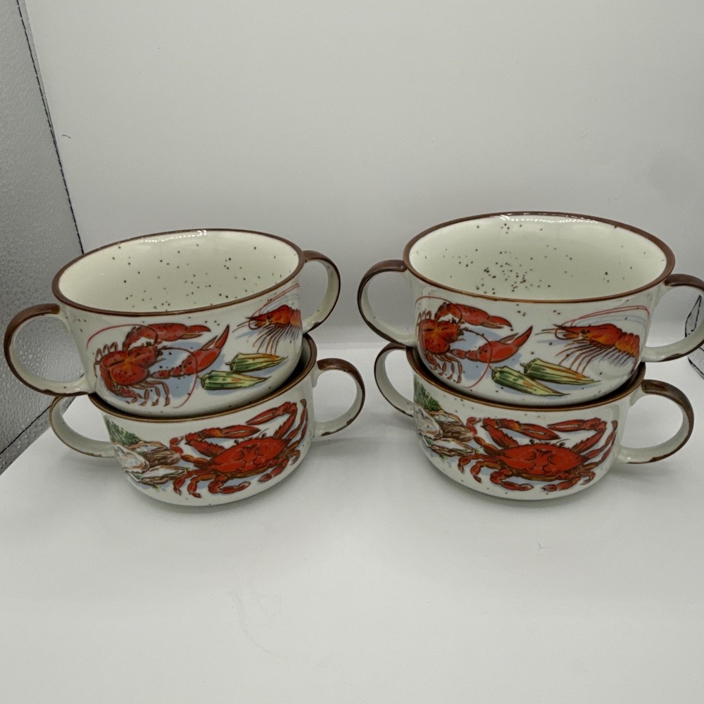 Set of 4 Vintage D. H. Holmes Double Handle Crab Gumbo Bowls Made in Japan